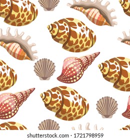 Conches and seashells seamless pattern. Nautical objects for decor or marine theme decoration. Sea and ocean dwellers for aquariums, exotic cockleshell, mussels shellfish. Vector in flat style