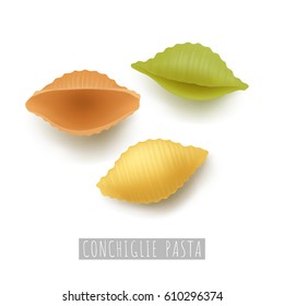 Conchiglie colorful pasta. Icon of italian traditional pasta. Flour wheat product of italy kitchen. Cartoon vector illustration isolated on white background
