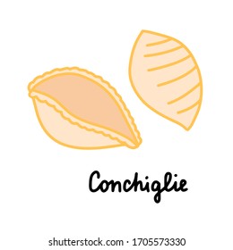 Konchiglie handgezeichnete Vektorgrafik in Comicpastellform aus traditioneller Küche Italienisch Schrift