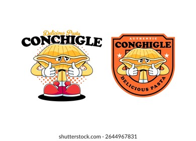 conchiglie mascote de massa italiana em estilo retro cartoon para alimentos e rótulo do produto, marca, embalagem ou mercadoria. conchiglie personagem de conchiglie de conchiglie de conchiglie de massa.