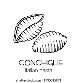 Conchiglie pasta outline icon. Italian cuisine drawn badge. Retro style vector illustration.