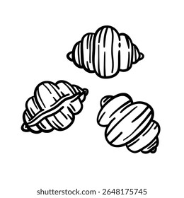 Conchiglie pasta outline icon in retro engraving style. Hand-drawn black ink vector of traditional Italian food. Isolated on white background. Perfect for menu or packaging.