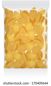 Conchiglie Pasta Shells Pack vector visual - clear plain flow wrap plastic or cellophane film / packet / packaging / wrapper / bag - Fully adjustable and scalable.