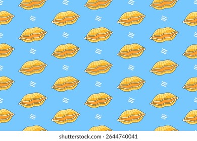 Massa de Conchiglie com padrão de doodle colorido de onda no fundo azul. Italiano conchiglie macarrão fundo padrão sem emenda. Papel de parede isolado de Conchiglie. Comida, restaurante, comida. Ilustração vetorial