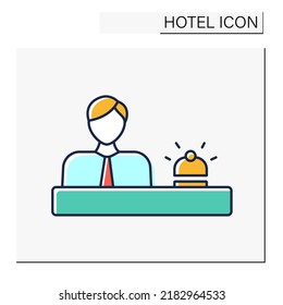 Concierge Color Icon. Hotel Employee. Person Assist Guests By Booking Tours, Going To Theatre And Restaurant Reservations. Offers Service. Hotel Concept. Isolated Vector Illustration