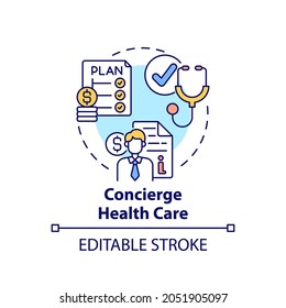 Concierge healthcare concept icon. Wealth advisory service idea thin line illustration. Concierge medical fees. Healthcare fee-based model. Vector isolated outline RGB color drawing. Editable stroke