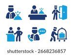 Concierge and hotel service icon set. Reception, bellboy, luggage, front desk and hospitality symbols for travel and accommodation. Solid vector icons collection.