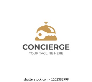 Concierge service logo template. Reception bell and key vector design. Concierge bell logotype