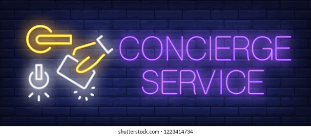 Concierge service neon sign. Glowing inscription with door handle, hand with electronic key on dark blue brick background. Can be used for concierge service, hospitality, advertisement