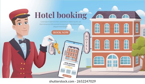 A concierge in uniform holds hotel keys beside a hotel building, with a smartphone showing a booking app, in a cartoon style on a city background. Vector illustration