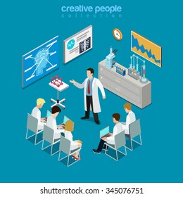 Concilium professional doctor group consultation flat 3d isometry isometric concept web vector illustration. Hospital meeting room session stands laboratory equipment. Creative people collection.