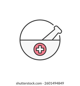 A concise graphic representing pharmaceutical care. A bowl and pestle divided by a red circle with a white cross. It conveys trust, health, and medication with clarity and professionalism
