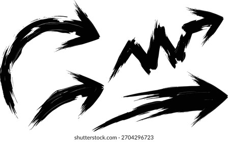 A concise group of distressed black arrows, rendered with a hand-drawn grunge brush stroke texture, indicating multiple paths and directional flow.