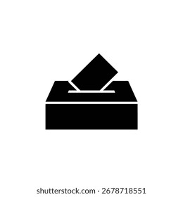 Ícone conciso mostrando o papel preto sendo adicionado à caixa com fundo transparente. Design simples adequado para uso versátil em diferentes projetos.