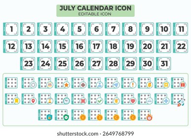 Ícone conciso do calendário de julho definido para programar e planejar eventos em um formato visualmente atraente