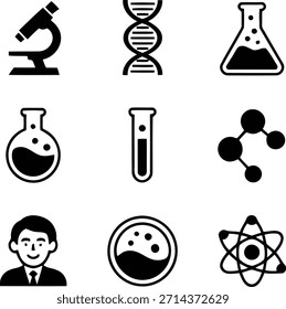 Ein prägnanter Satz schwarz-weißer Symbole, die wissenschaftliche Instrumente, genetisches Material, molekulare Strukturen und eine Figur eines Wissenschaftlers darstellen.