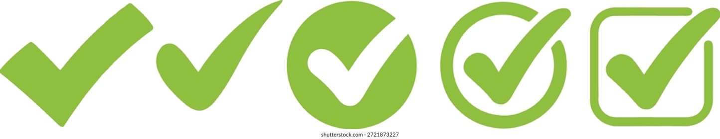 Un conjunto conciso de iconos de marca de verificación verde que presentan tanto marcas sólidas como aquellas dentro de círculos o cuadrados para la selección.