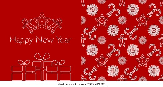 plantilla concisa para el nuevo año. Espíritu navideño. Hermosos iconos lineales que representan los principales elementos del invierno: santa claus, ciervo, regalos, galletas, estrellas, copos de nieve. Para postales, paquetes, impresiones