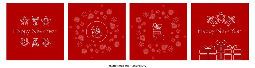 kurze Vorlage für das neue Jahr. Weihnachtsgeist. Schöne lineare Symbole, die die wichtigsten Elemente des Winters darstellen: Weihnachtsmann, Hirsch, Geschenke, Kekse, Sterne, Schneeflocken. Für Postkarten, Pakete, Drucke