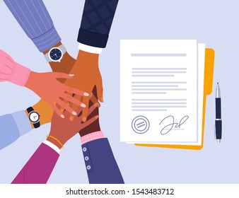 Conclusion of business agreement. Vector illustration of of young diverse business people putting their hands together over signed documents. Isolated on light blue background.