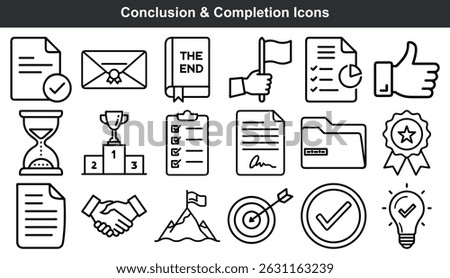 Conclusion completion icons set black white line art