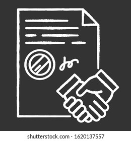 Conclusion of contract chalk white icon on black background. Signed notarized document. Apostille and legalization. Legal agreement, deal. Notary services. Isolated vector chalkboard illustration