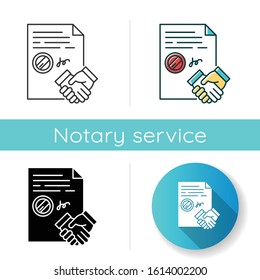 Conclusion of contract icon. Legal document. Apostille and legalization. Legal agreement. Business deal. Partnership. Notary services. Linear black and RGB color styles. Isolated vector illustrations