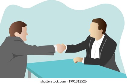 Conclusion of a contract at the negotiating table. The men shake hands. Conclusion of the transaction. Flat vector illustration.