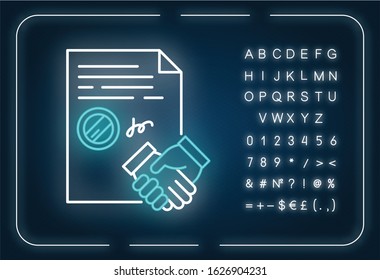 Conclusion of contract neon light icon. Apostille. Legal agreement. Business deal. Partnership. Outer glowing effect. Sign with alphabet, numbers and symbols. Vector isolated RGB color illustration