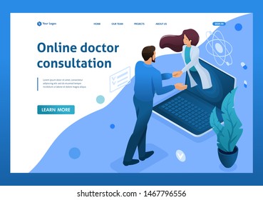 Conclusion of the contract for online consultation of the doctor. Health care concept. 3d isometric. Landing page concepts and web design