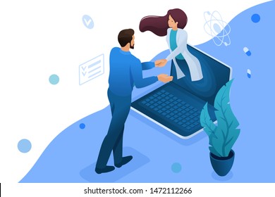 Conclusion of the contract for online consultation of the doctor. Health care concept. 3d isometric Concept for web design