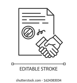 Conclusion of contract pixel perfect linear icon. Legal agreement. Business deal. Partnership. Thin line customizable illustration. Contour symbol. Vector isolated outline drawing. Editable stroke