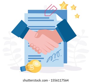 Conclusion of a contract, sign documents, business  handshake concept. Vector illustration for web banner, infographics, mobile. partnership, cooperation