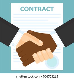Conclusion of a contract. Two men shake hands. Vector flat illustration