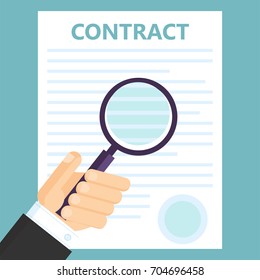 Conclusion of a contract. Viewing text by magnifying glass. Vector flat illustration
