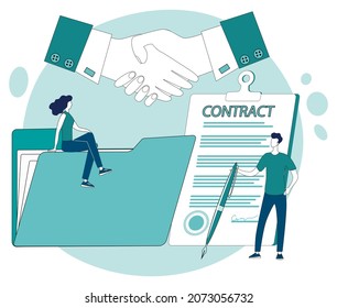 Conclusion of the contract.People on the background of a large folder for papers and a fountain pen are engaged in office work.Flat vector illustration in green.