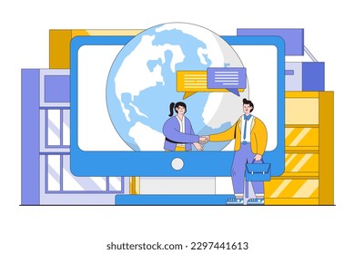 Conclusión de transacciones en línea, abriendo nuevo concepto de inicio. Empresario y empresaria dan un apretón de manos a través de un ordenador portátil o informático. Diseño de esquema de ilustración vectorial mínima para página de inicio, banner web.