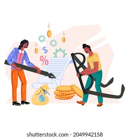 Celebración y firma de un lucrativo escenario de contrato de negocios con personas que ponen sus firmas en el documento de papel. Rentable ganga y exitoso trato, ilustración vectorial aislada en blanco.