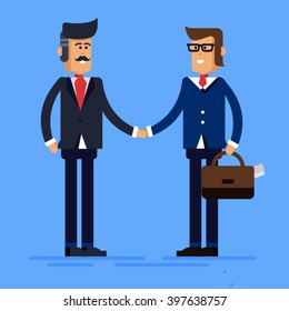 Conclusion of the transaction, fixed hands. Business meeting two businessmen. Agreement. Adoption of a job, employment. Business concept, flat illustration.