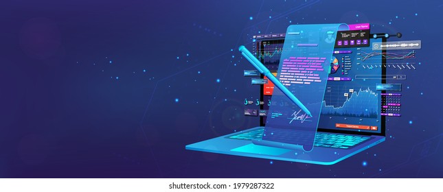 Conclusion of a transaction online with a digital signature. Remote business concept. Electronic signature and high level of security. Notebook and images of a contract hologram for signature. Vector