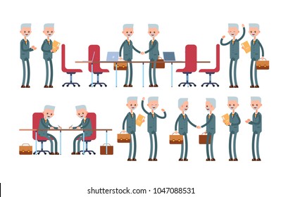 Conclusion of the transaction, signing of documents, successful negotiations. elderly businessman. cartoon character set