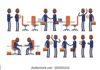 Conclusion of the transaction, signing of documents, successful negotiations. Black businessman. cartoon character set