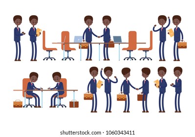 Conclusion of the transaction, signing of documents, successful negotiations. Black businessman. cartoon character set