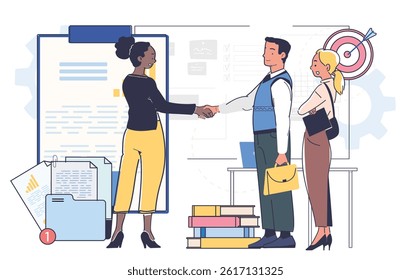 Conclusion of work contract. Man and woman shaking hands near document. Collaboration and cooperation, partnership. Business negotiation process. Linear vector illustration