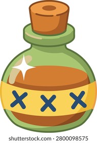 concoction featuring green potion bottle with cork stopper and skull markings a cartoon-style of a green glass potion bottle. the bottle has a rounded body and a narrow neck, sealed with a brown cork stopper.