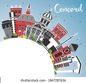 Concord New Hampshire City Skyline with Gray Buildings, Blue Sky and Copy Space. Vector Illustration. Business Travel and Tourism Concept with Historic and Modern Architecture. Concord USA Cityscape.