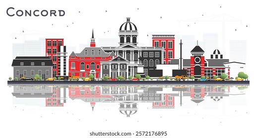 Concord New Hampshire City Skyline with Buildings and reflections Isolated on White. Vector Illustration. Tourism Concept with Historic and Modern Architecture. Concord USA Cityscape with Landmarks.