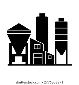 Concrete batching plant icon vector illustration. Industrial factory silhouette with cement silos and mixing station. Production facility for building materials and infrastructure projects. Flat black design of heavy industry equipment for ready mixed concrete manufacturing.
