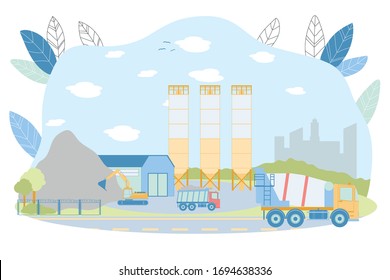 Ilustración del vector de la planta de mecanizado de horquilla. Fábrica con Cementos Silos, Almacén, Edificio Industrial. Transporte de producción con Coche de Camión mixer. Empresa de fabricación de hormigón