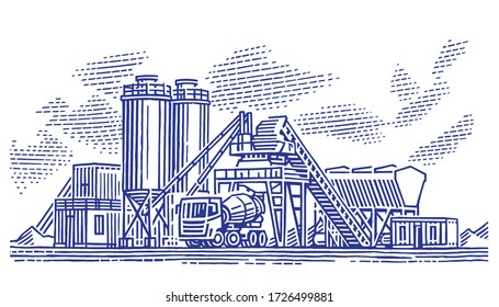 Concrete batching plant/cement mixing silo monochrome illustration, isolated, vector. svg